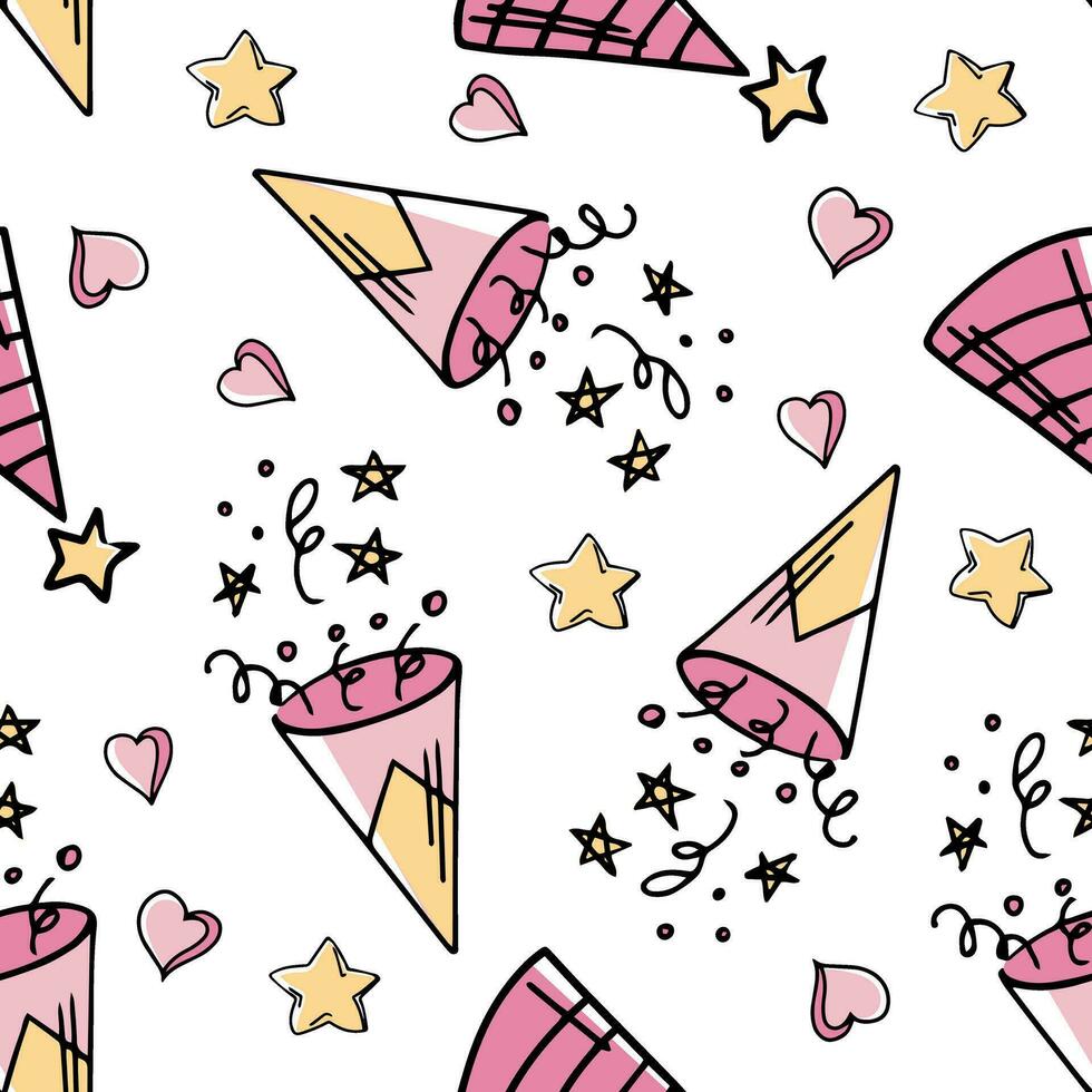 Doodle-style seamless pattern of festive firecracker with flying confetti and cone party hat. Festive concept. Hand drawn color vector outline sketch.