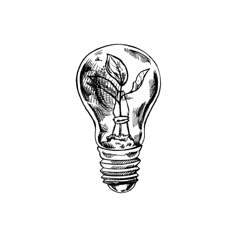 Sustainable ecological energy drawing. Hand-drawn black sketch of electric ecology light bulb with leaf inside. Vector doodle illustration.