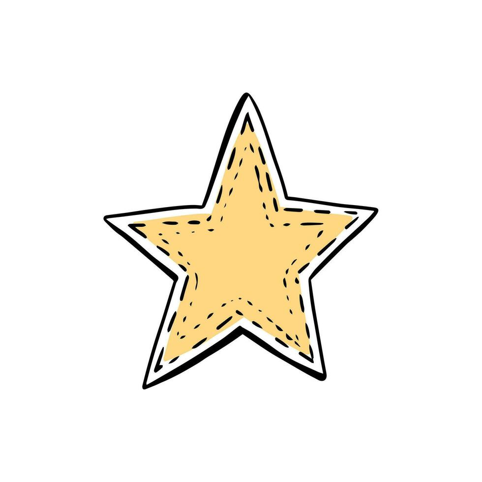 Star in doodle style on a white background. Festive concept. Hand drawn vector colored outline icon. Yellow color.