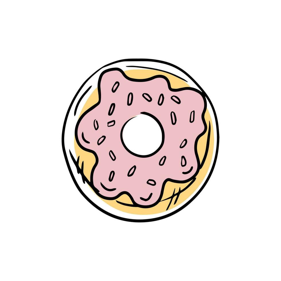 A hand-drawn doodle sketch of donut. Pastry sweets, dessert. Pink and yellow color. Element for the design of labels, packaging and postcards. vector