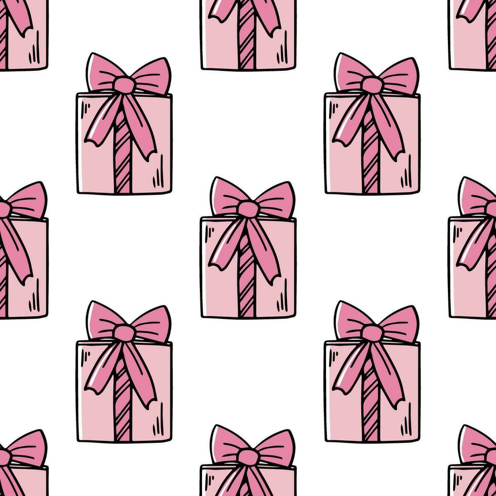 Doodle-style gift box seamless pattern. Festive concept. Hand drawn color vector outline sketch.