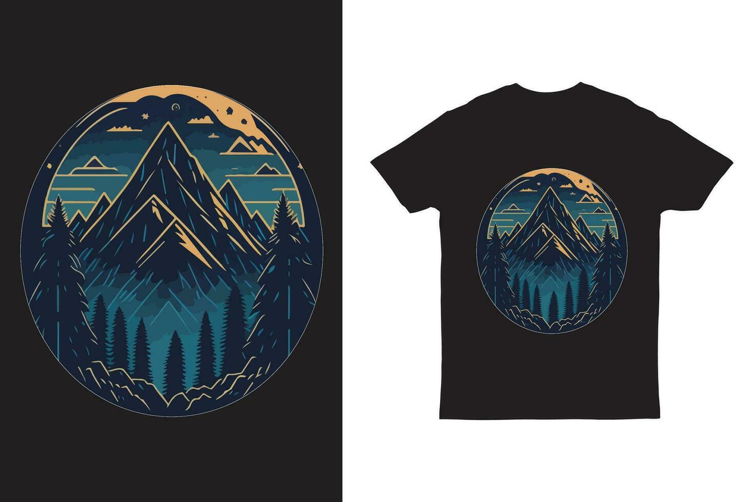 ilustración de t camisa diseño de medianoche naturaleza montañas vector