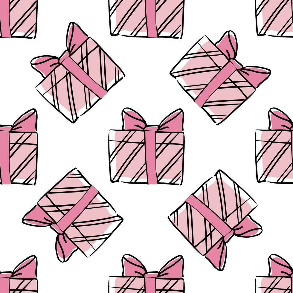 Doodle-style gift box seamless pattern. Festive concept. Hand drawn color vector outline sketch.