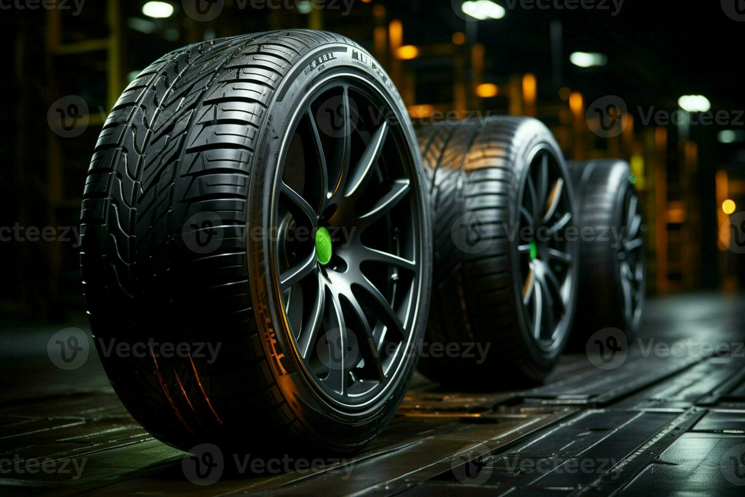 Studio captured fuel efficient tires for summer, dynamic lighting, on dark background AI Generated photo