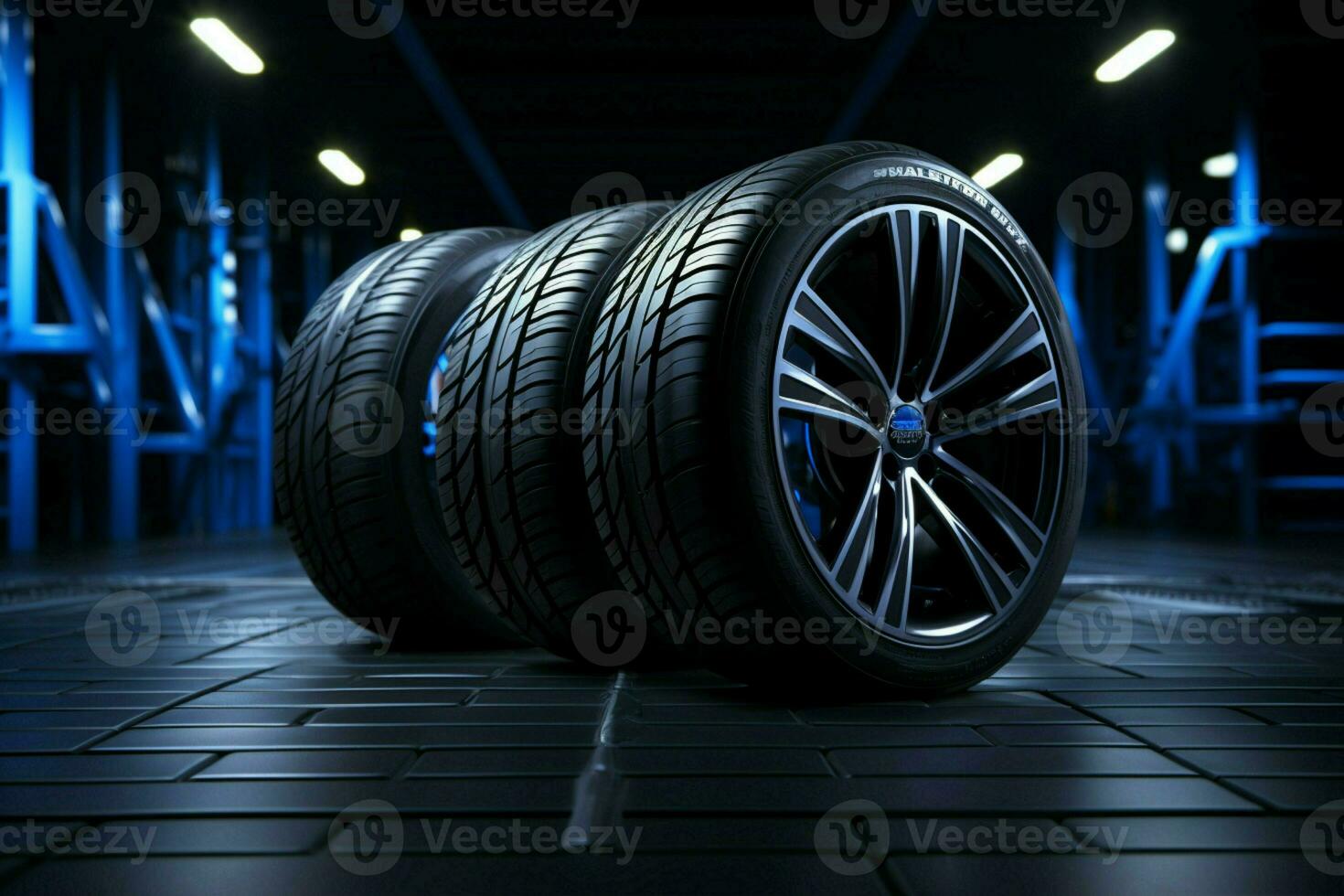 Black backdrop emphasizes fuel efficient summer tires, studio shot with dynamic lighting AI Generated photo