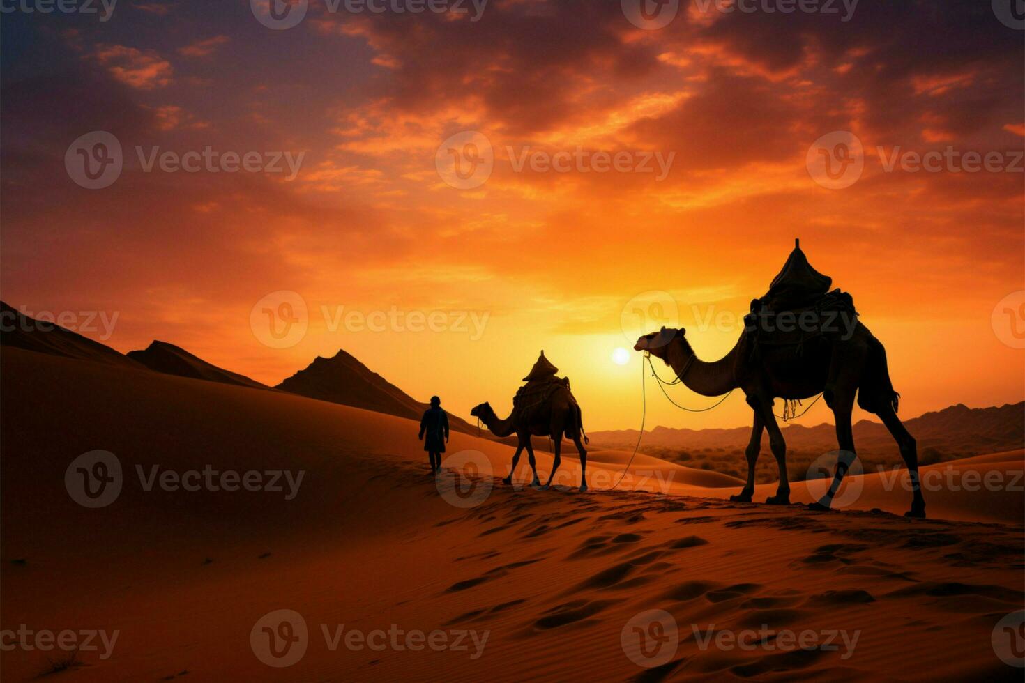 Indian cameleer with camel silhouettes in the desert at sunset AI Generated photo