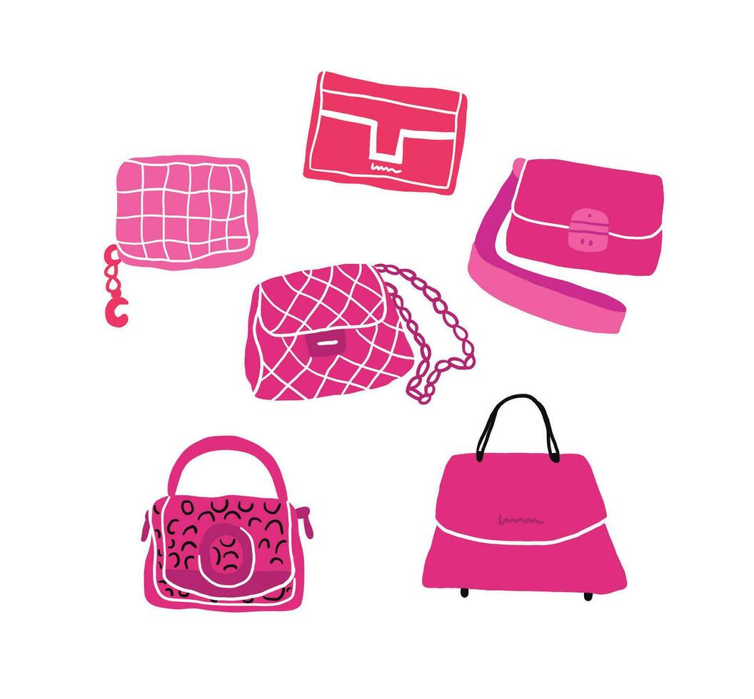 conjunto de varios bolsos femeninos coloridos. bolso de mano para mujer, bandolera, tote, shopper, hobo, embrague, billetera, monedero. accesorios de cuero de moda. ilustración vectorial de moda dibujada a mano. elementos aislados vector