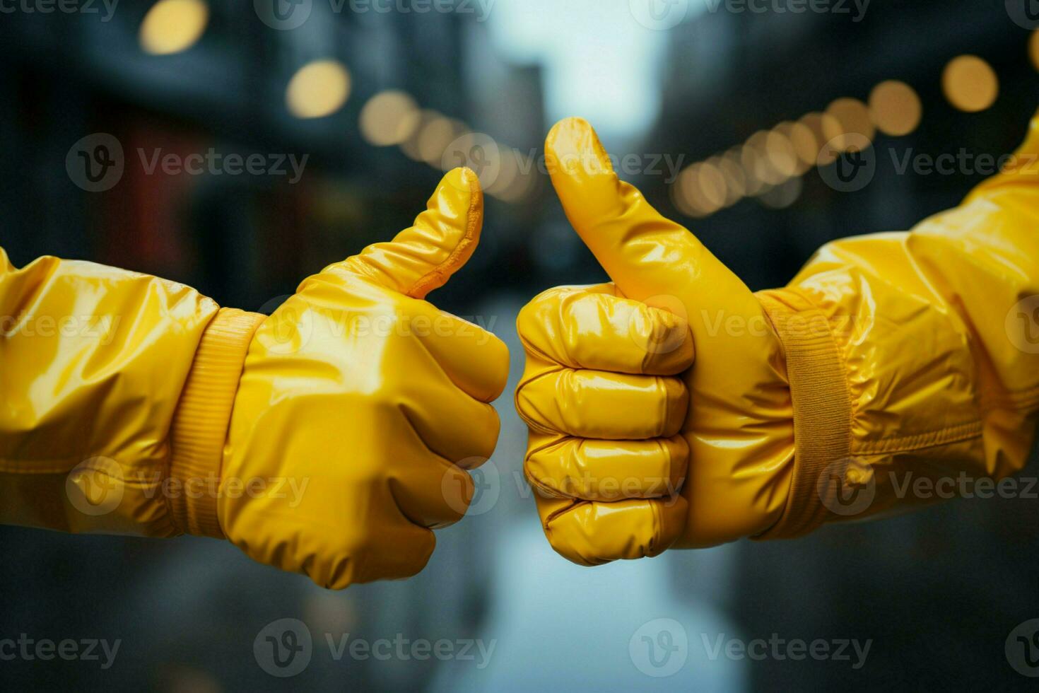 positivo compromiso, trabajadores enguantado mano formas pulgares arriba, representando calidad Servicio garantía ai generado foto