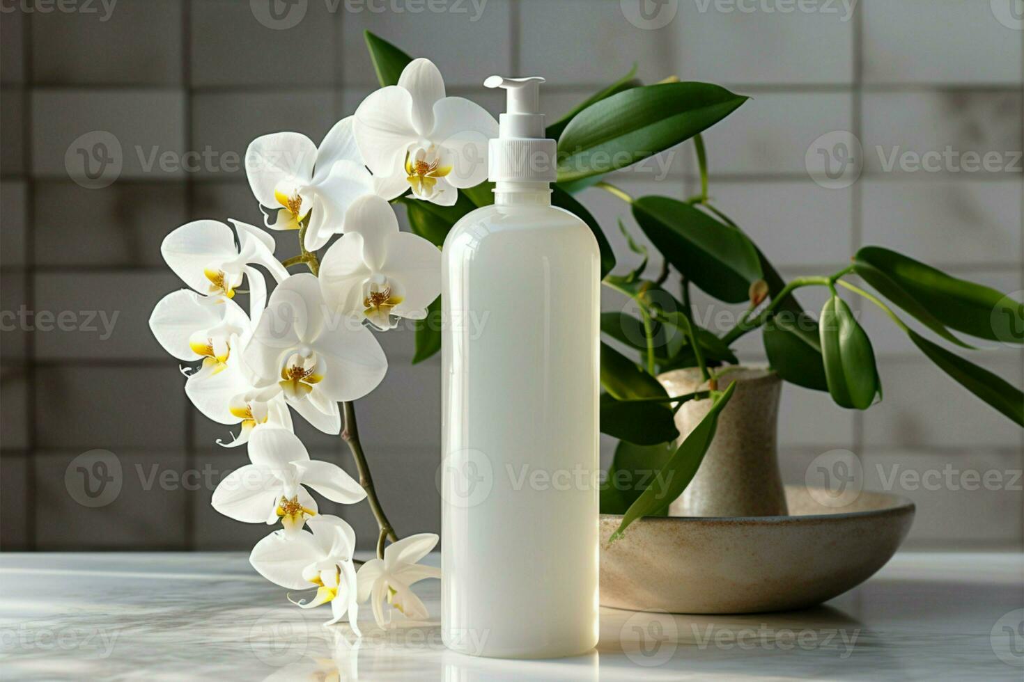 un botella de loción siguiente a un blanco orquídea ai generado foto
