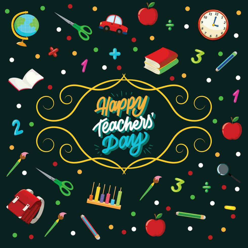 Happy Teachers Day vector illustration with school equipment. Celebrating Teacher's Day with icon set.. Happy teacher's day greeting card.