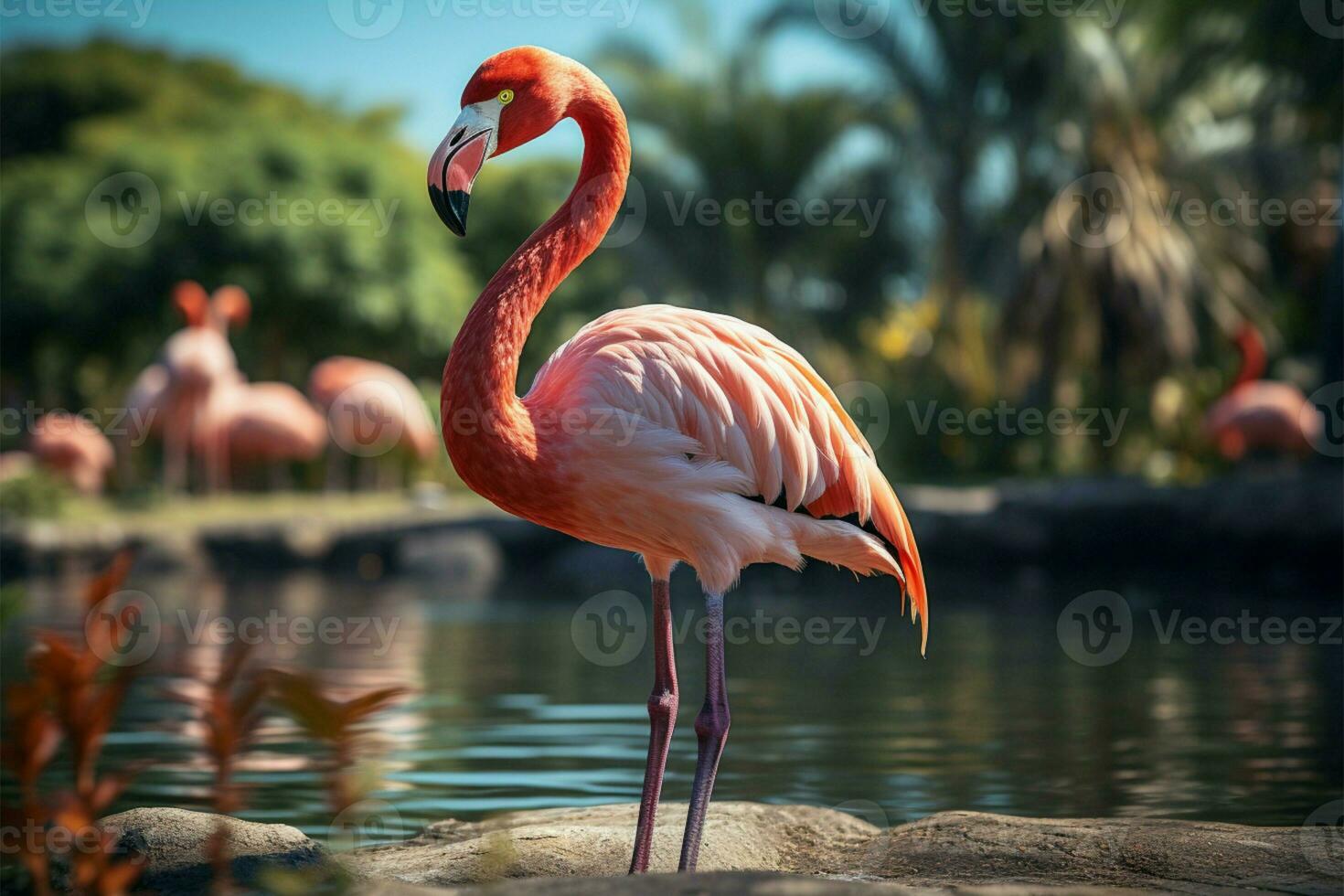 Lush lawn backdrop Graceful pink flamingo by exotic palm trees AI Generated photo