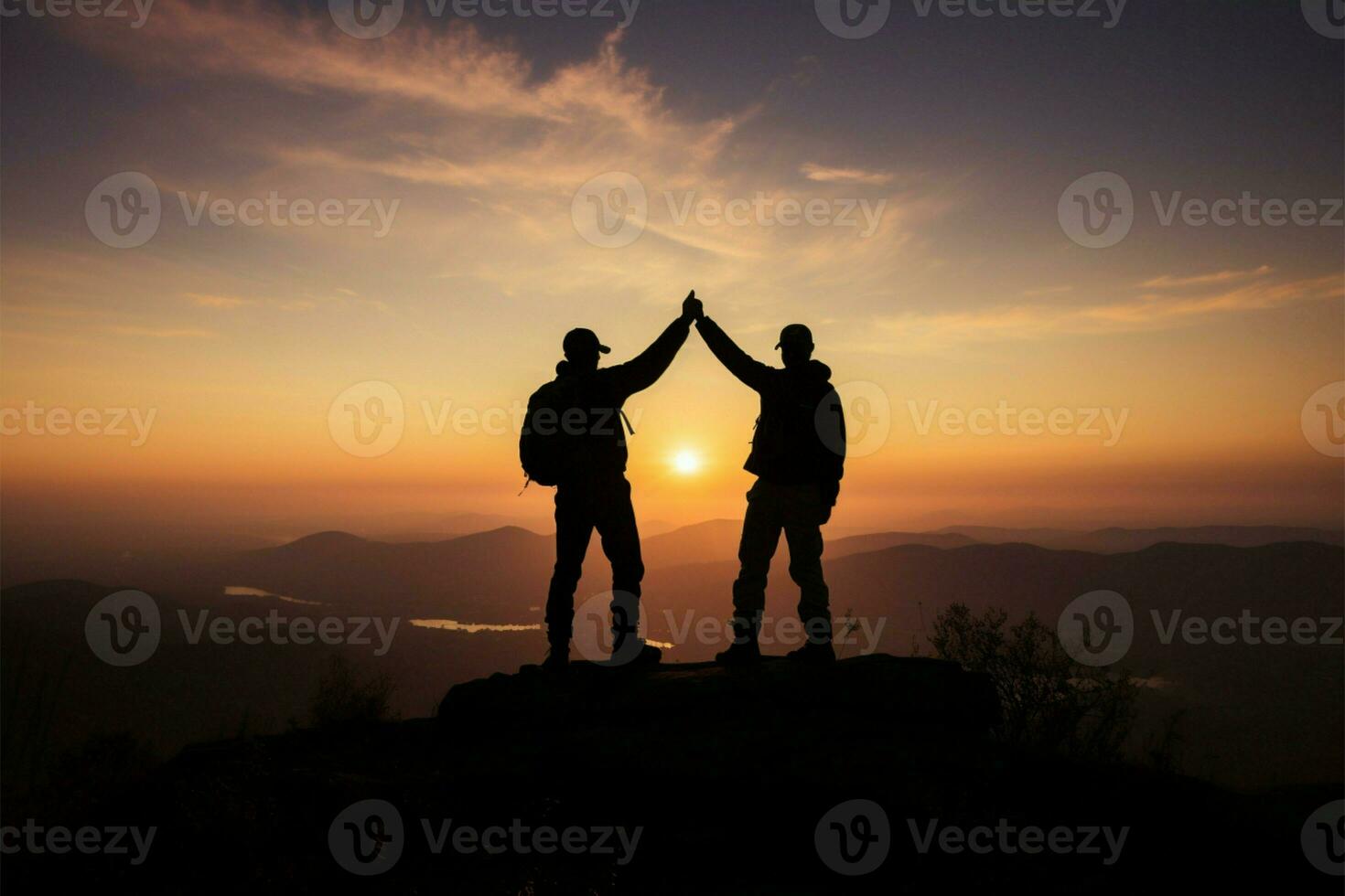 Hiking triumph, Silhouetted hands raised in teamworks victorious celebration on mountain AI Generated photo