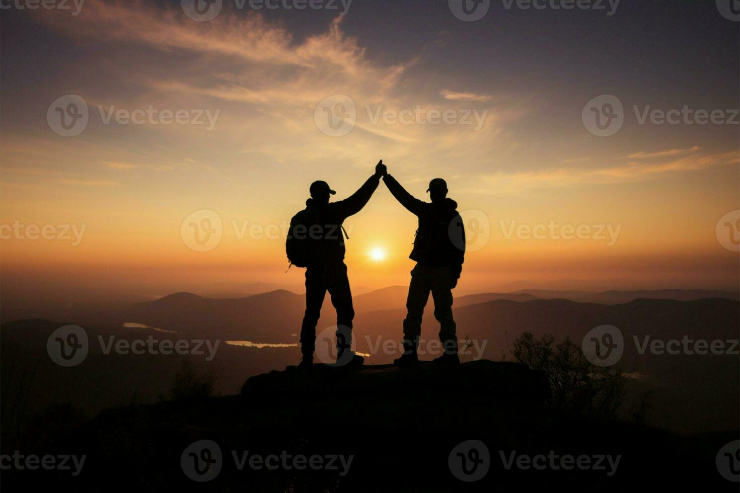 excursionismo triunfo, silueta manos elevado en trabajos en equipo victorioso celebracion en montaña ai generado foto