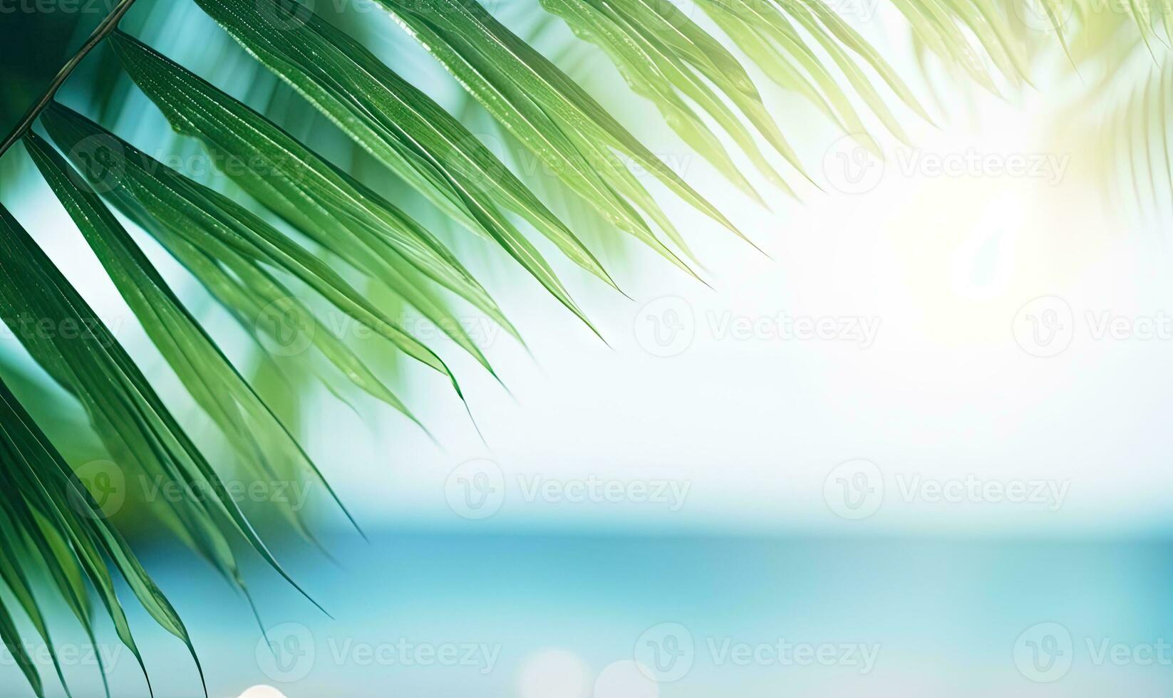 AI Generative. Close-up of palm leaf with blurred tropical beach. Created with AI photo