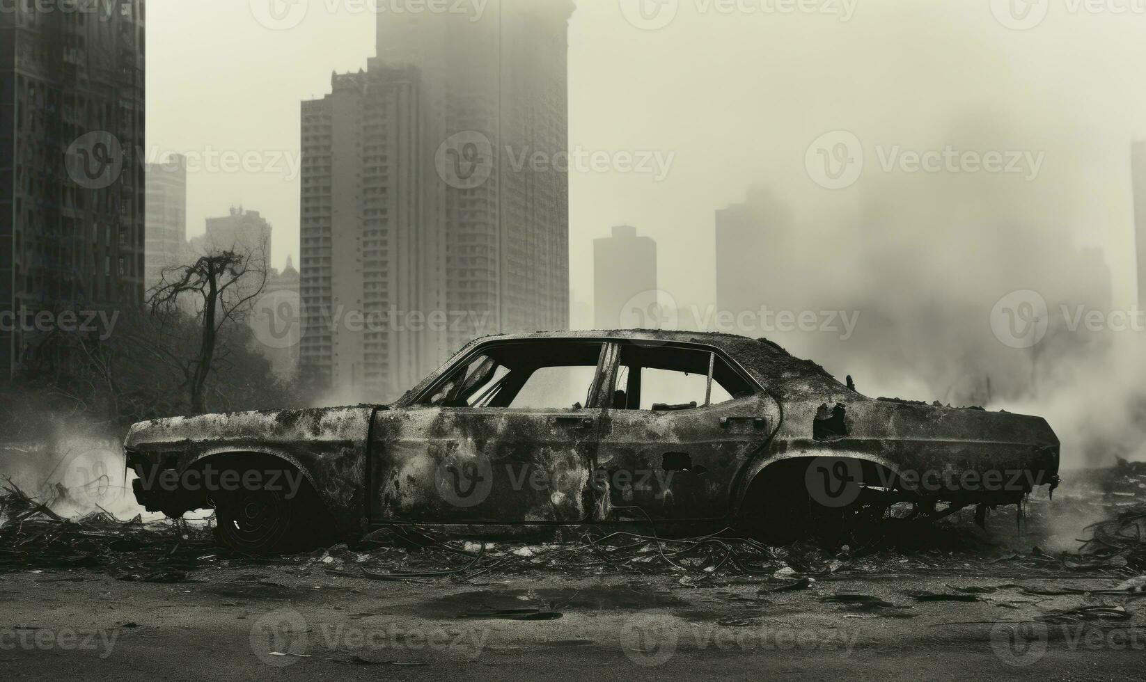 ai generativo. quemado policía coche en un un ciudad calle fondo. creado con ai foto