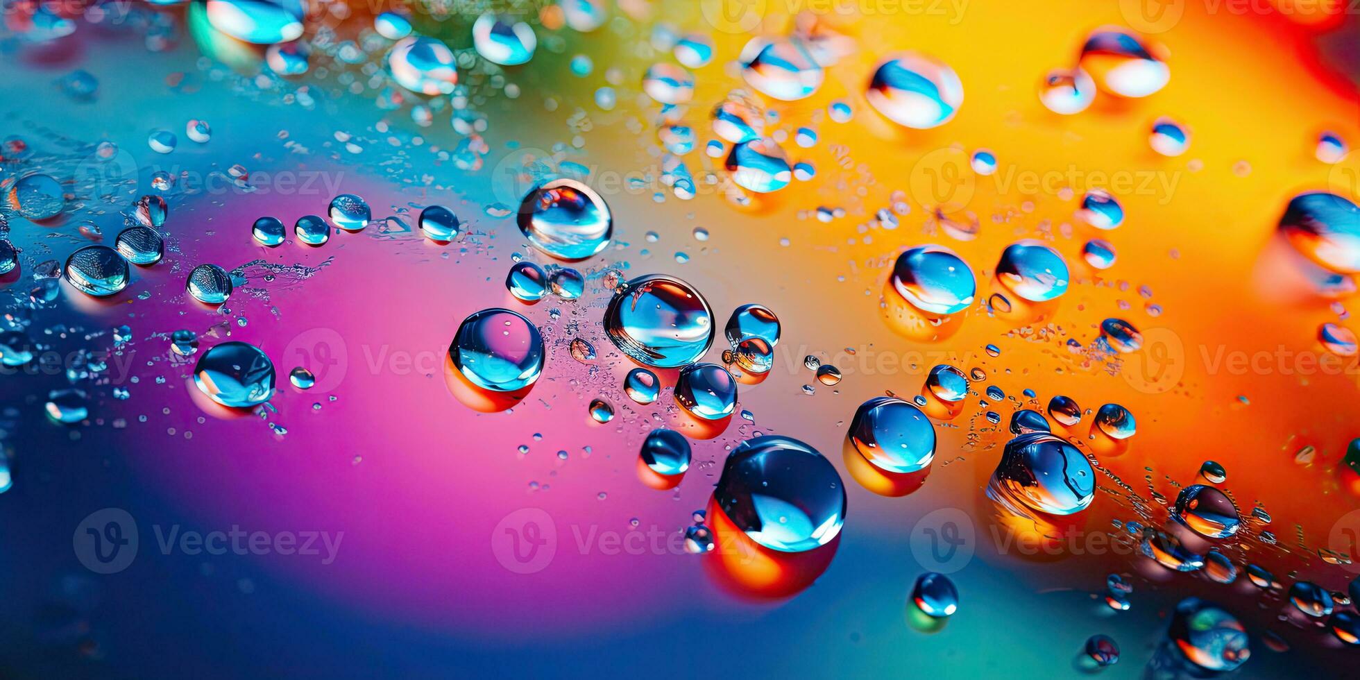 AI Generative. Close-up multicolored drops of water on surface. Created with AI tools photo