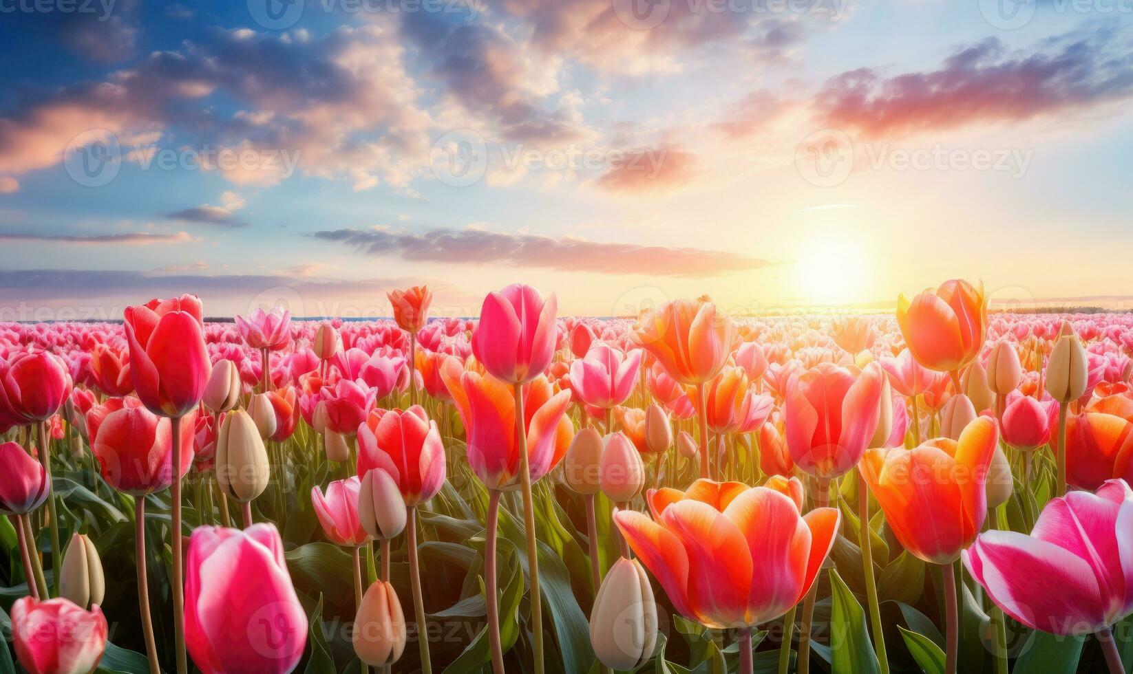 AI Generative. Golden sun illuminates a vast field of vibrant tulips. Created with AI photo