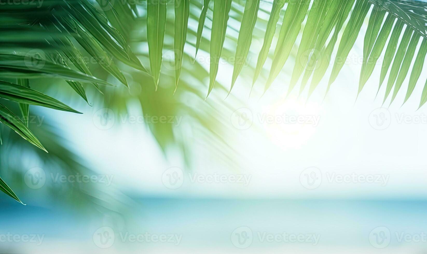 AI Generative. Close-up of palm leaf with blurred tropical beach. Created with AI photo