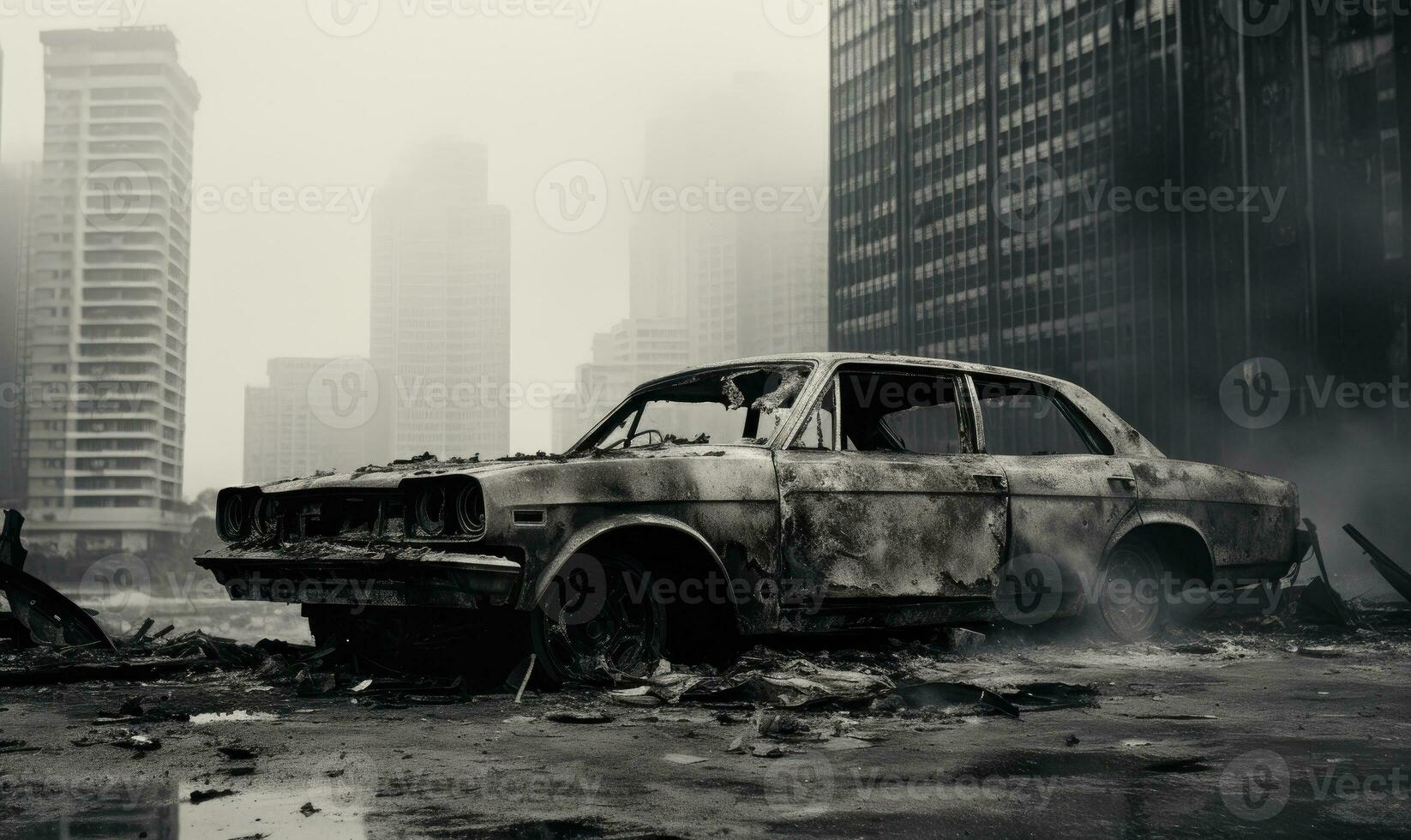 AI Generative. Burnt-out police car in an a city street backdrop. Created with AI photo