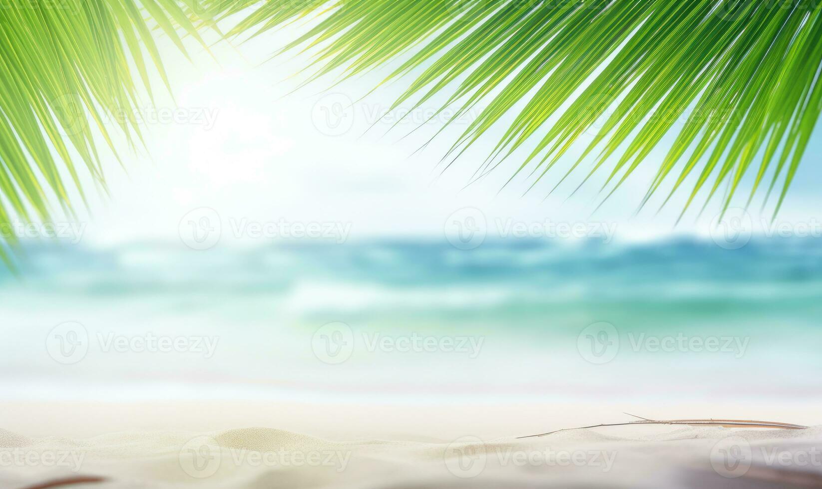 AI Generative. Close-up of palm leaf with blurred tropical beach. Created with AI photo
