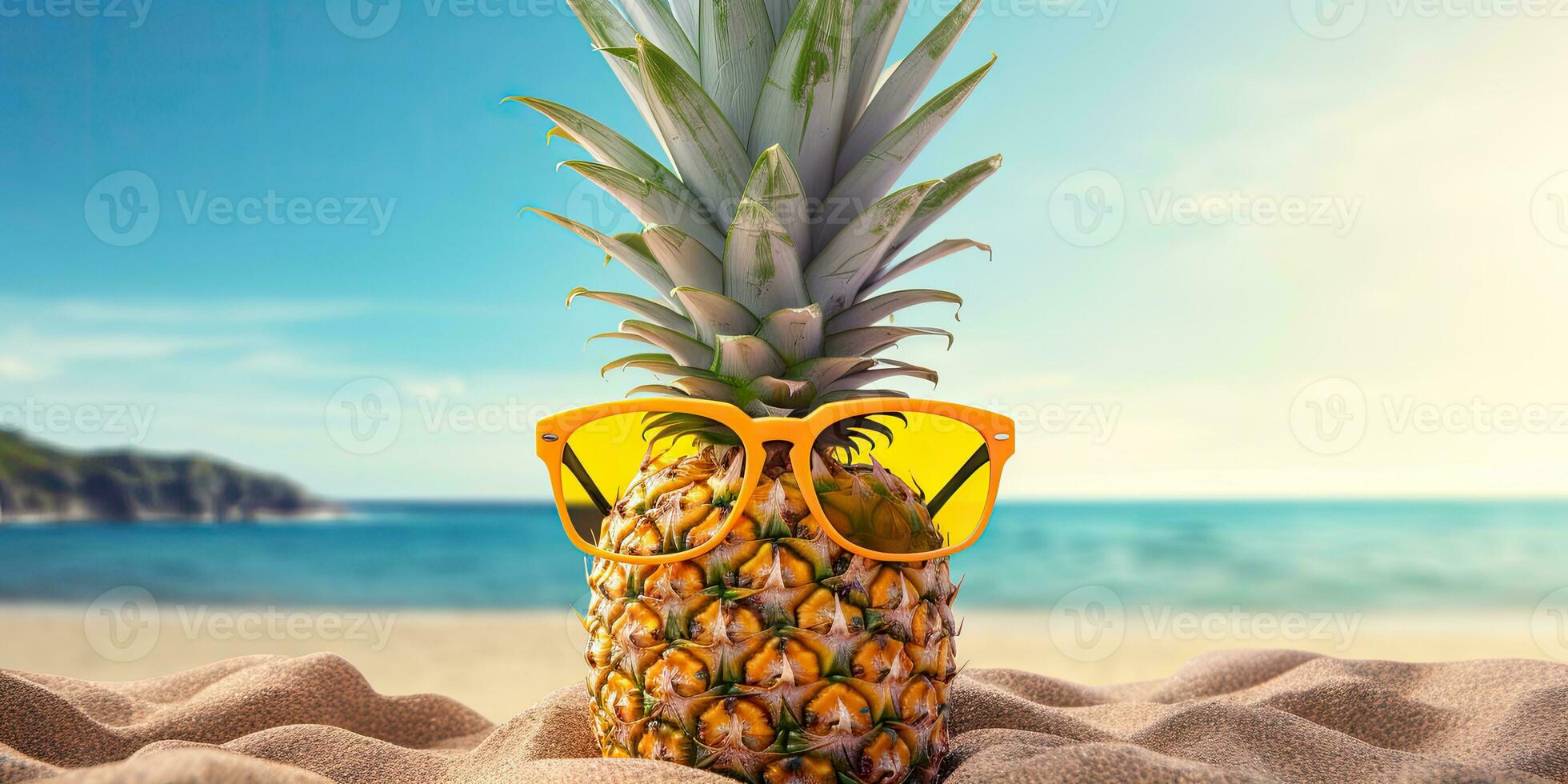 AI Generative. Background of pineapple with sunglass. Created with AI tools photo