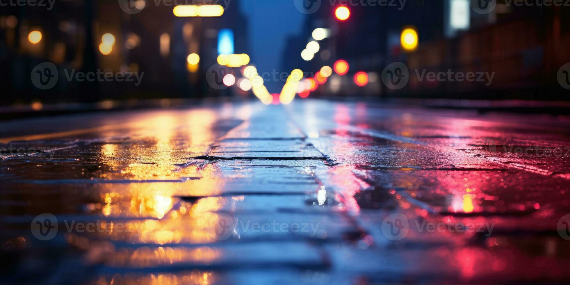 AI Generative. Wet asphalt with neon light. Created with AI tools photo