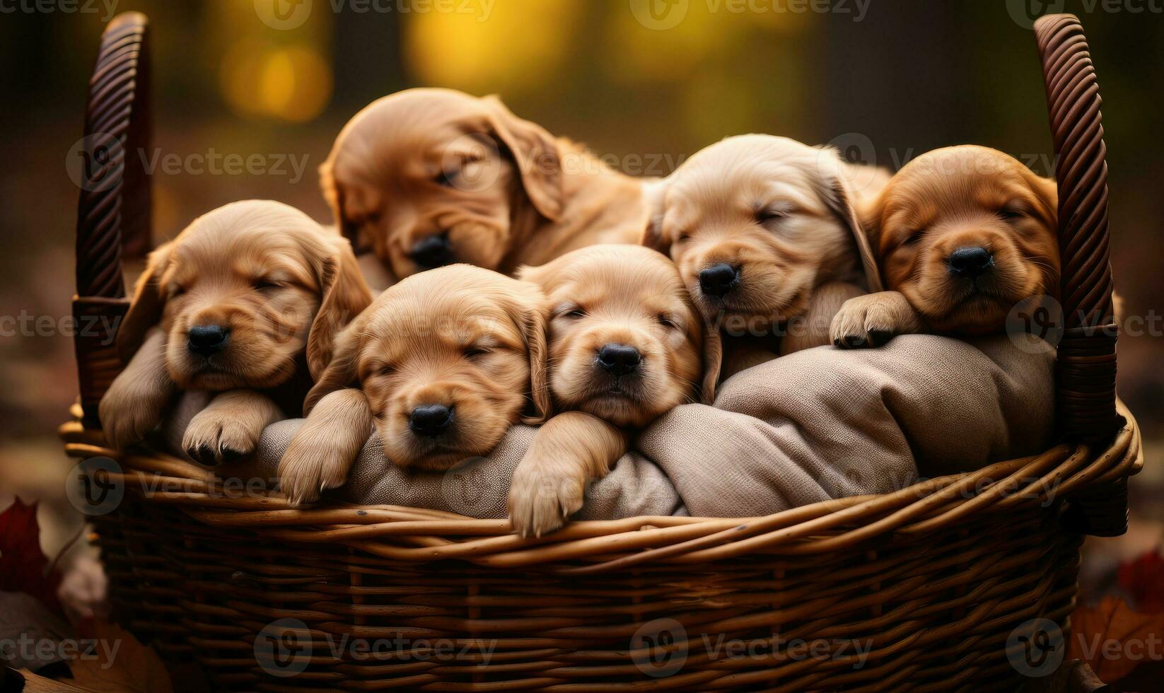 AI Generative. A litter of golden retriever puppies sleep peacefully. Created with AI photo