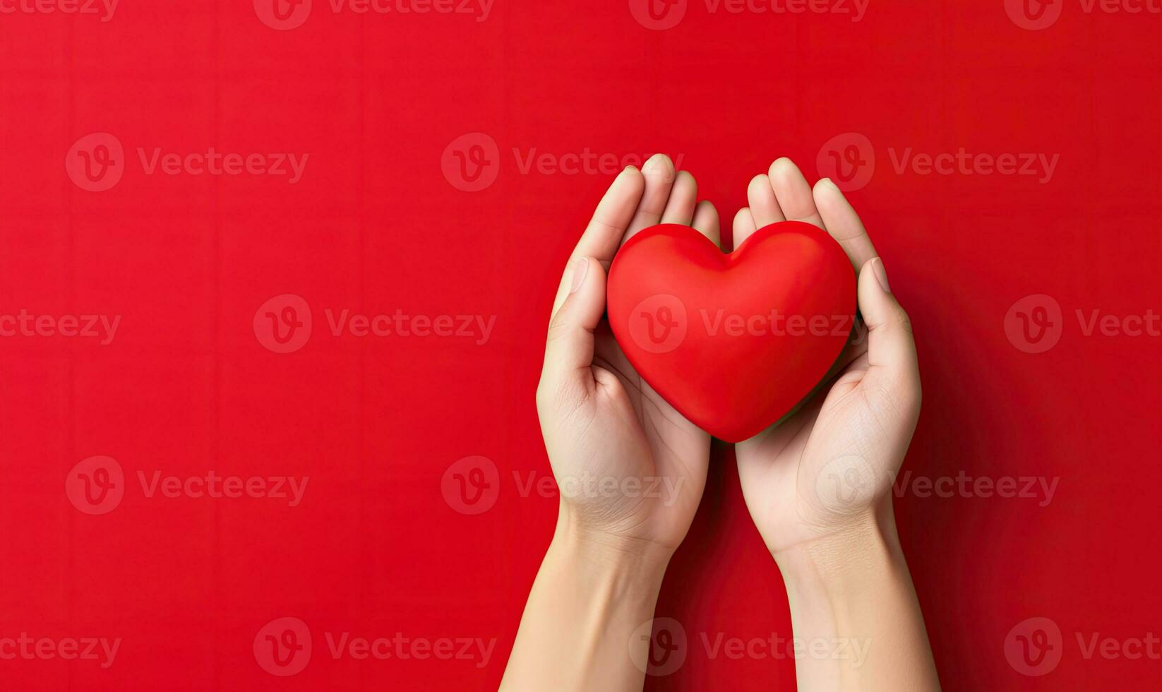 AI Generative. Female hands delicately holding a red heart. Valentine's Day concept. Created AI tools photo