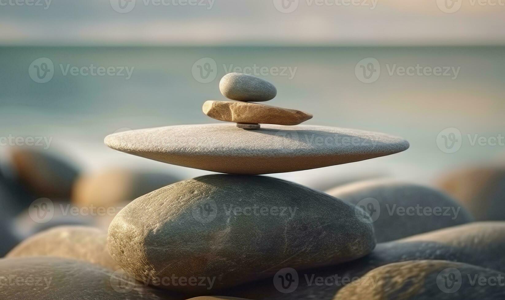 Stones balance. Pebbles pyramid on coastal background. For banner, postcard, book illustration. Created with generative AI tools photo