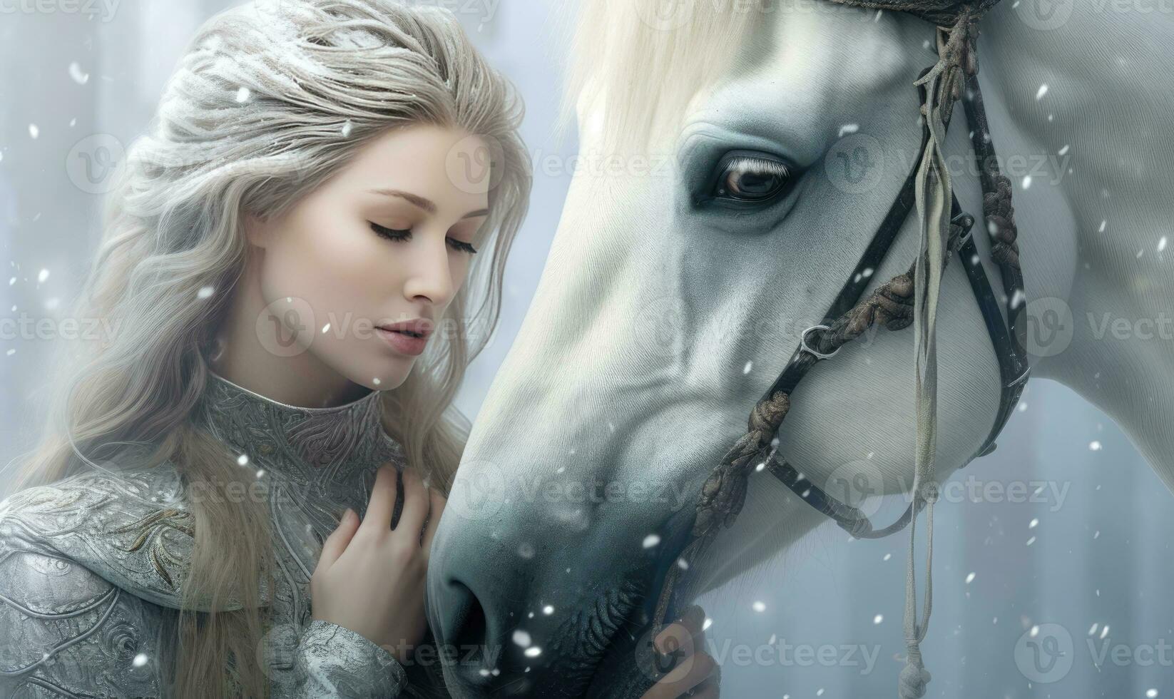 Woman in white embracing a majestic horse. Created with AI photo