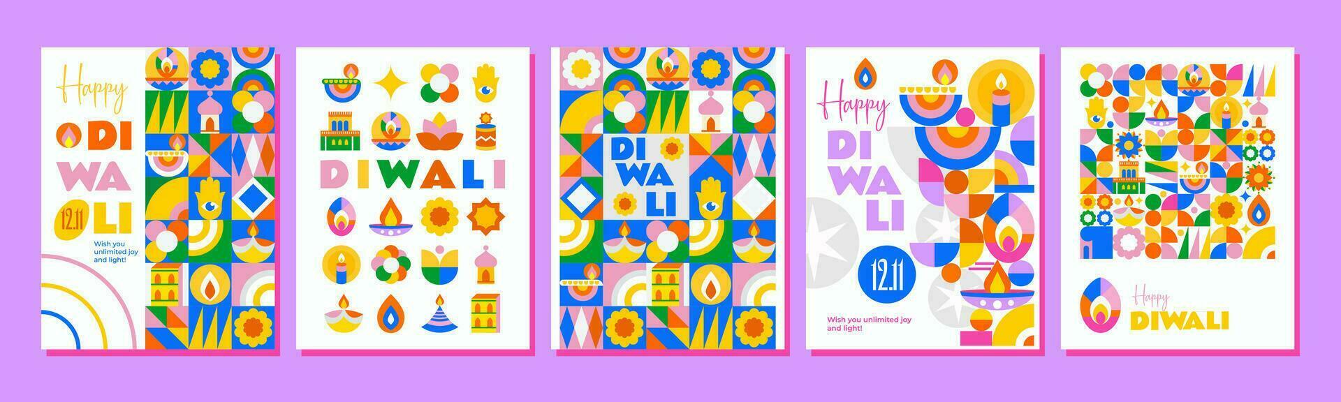 5 Happy Diwali Posters. Bright design in mosaic style, lots of lights, flowers and festive elements. Perfect as a greeting, cover, wallpaper and much more vector