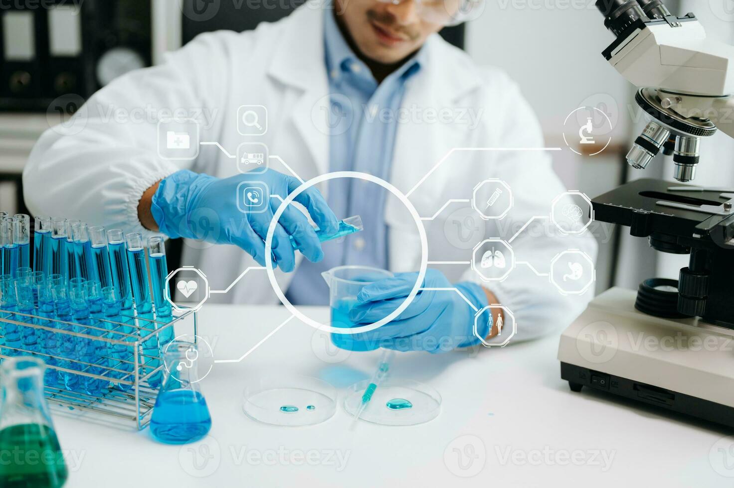 Healthcare professional holding Coronavirus COVID 19 vaccine in laboratory study and analyze scientific sample of Coronavirus antibody in lab photo