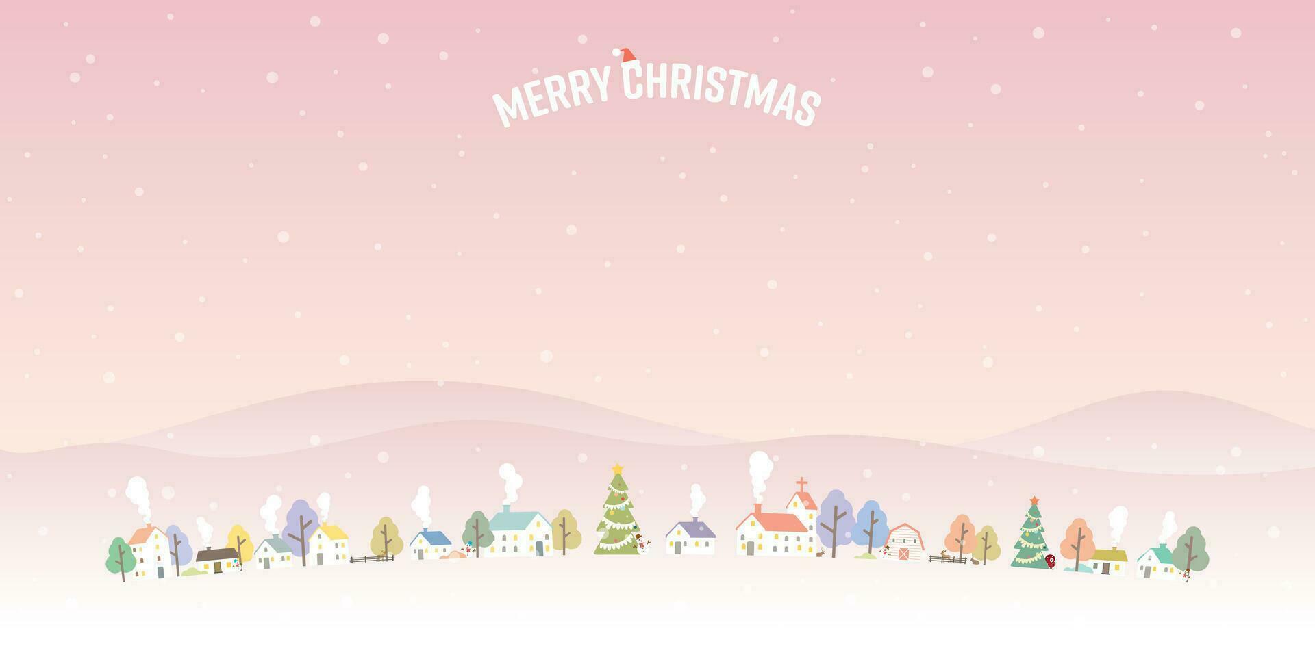 Winter Wonderland with dramatic sky background childish style vector illustration. Merry Christmas greeting card template have blank space.