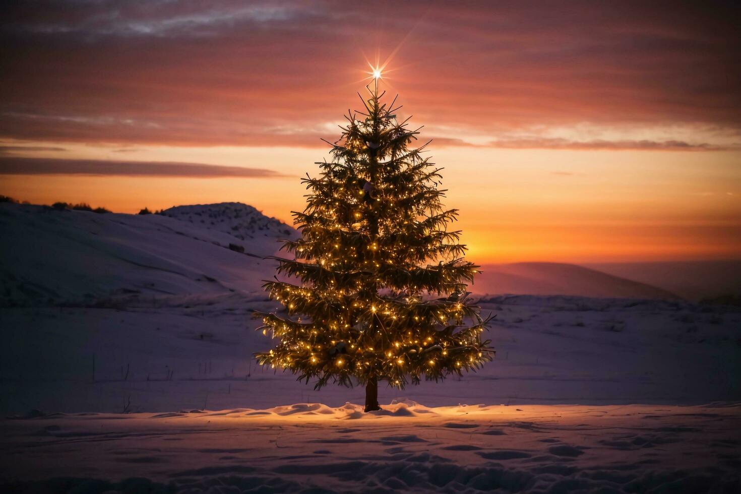 Beautiful Christmas Tree Against Snowy Scenic Background AI Generative photo