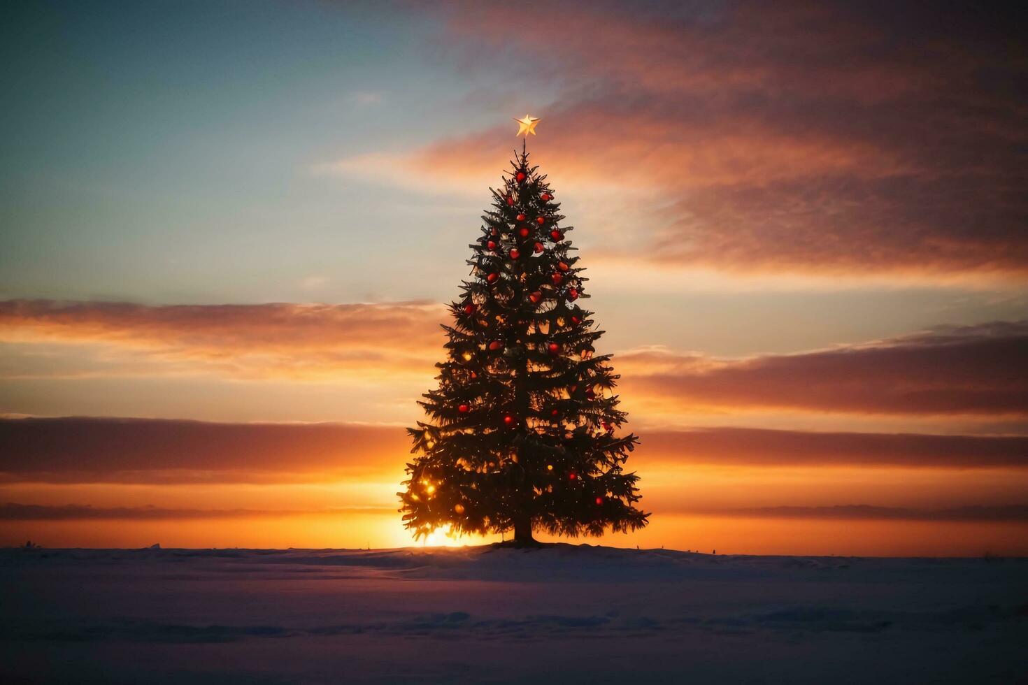 Beautiful Christmas Tree Against Snowy Scenic Background AI Generative photo