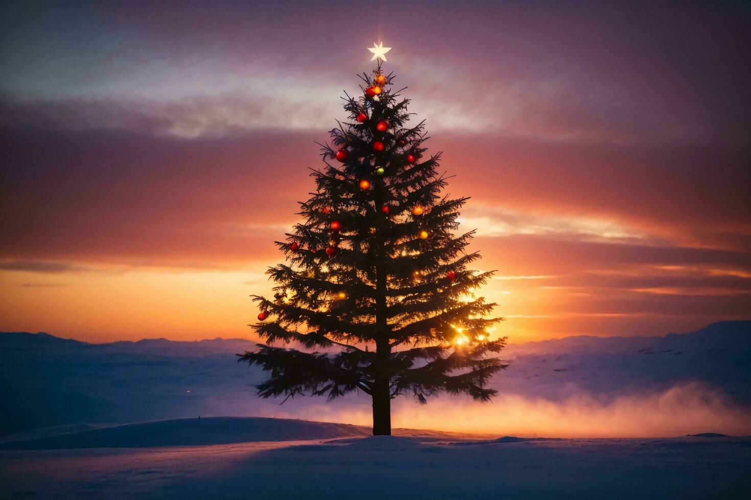 Beautiful Christmas Tree Against Snowy Scenic Background AI Generative photo