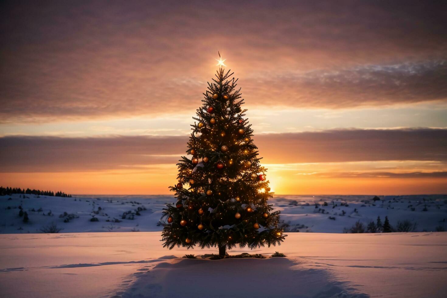 Beautiful Christmas Tree Against Snowy Scenic Background AI Generative photo