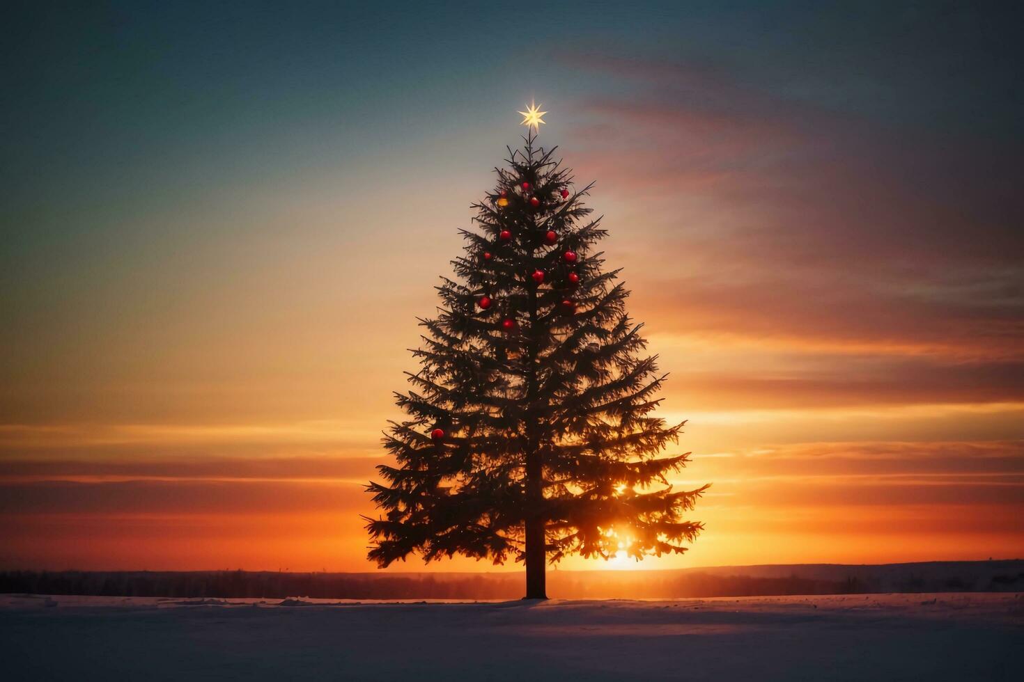 Beautiful Christmas Tree Against Snowy Scenic Background AI Generative photo