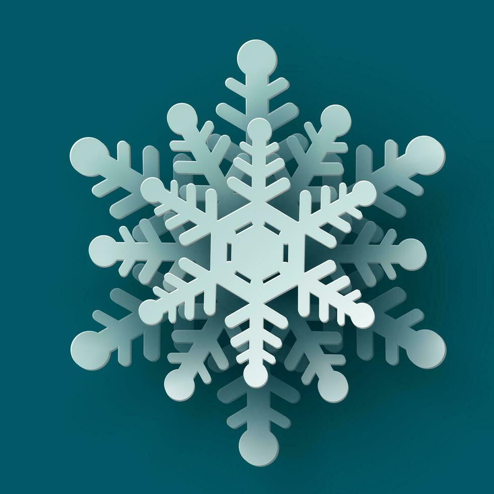 Vector white christmas paper cut 3d snowflake with shadow on teal colored background. Winter design elements for presentation, banner, cover, web, flyer, card, sale, poster, slide and social media