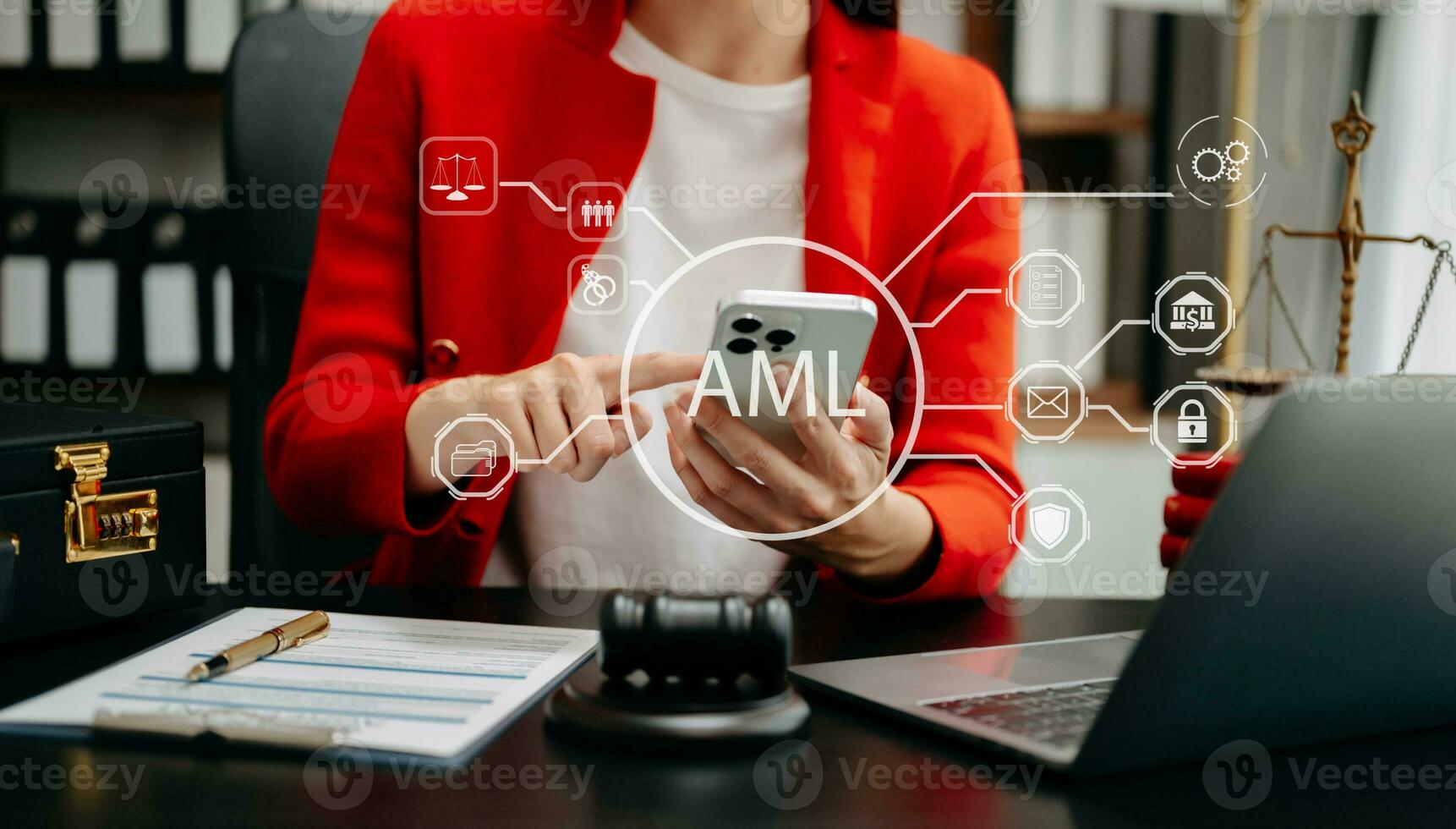 AML Anti Money Laundering Financial Bank Business Concept. judge in a courtroom using laptop and tablet with AML anti money laundering icon on virtual photo