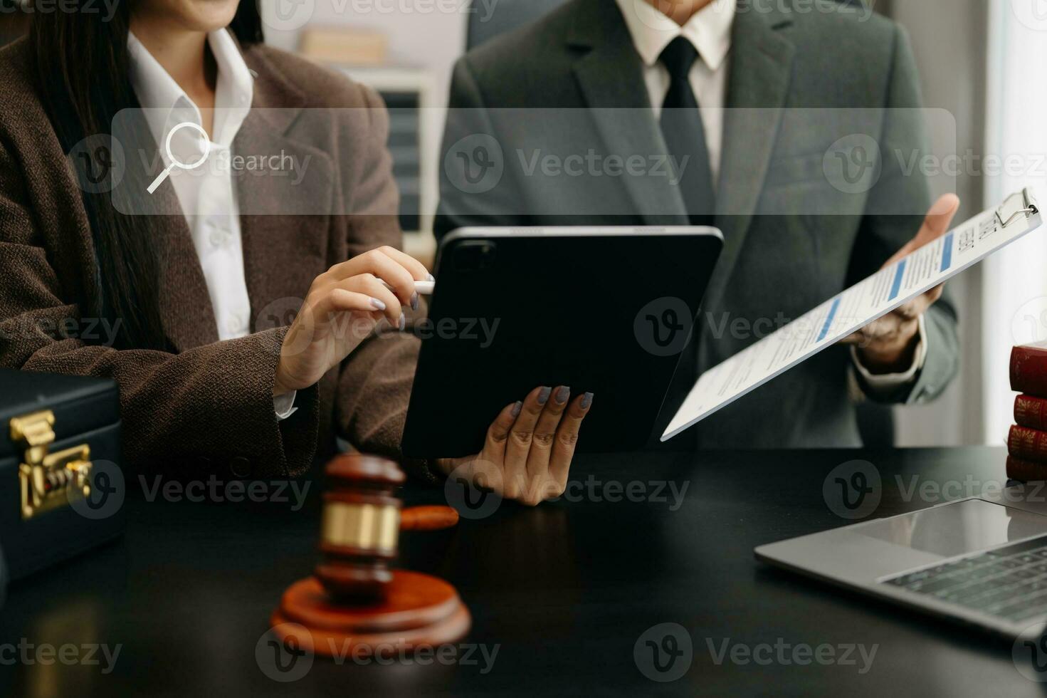 Searching Browsing Internet Data Information Networking Concept with blank search bar.justice and law concept.Male judge in a courtroom with the gavel,working with digital tablet photo