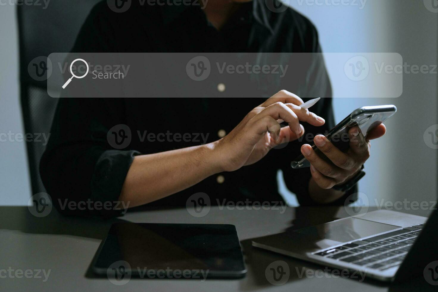 Searching Browsing Internet Data Information Networking Concept with blank search bar.man working with mobile phone and laptop computer VR icon photo