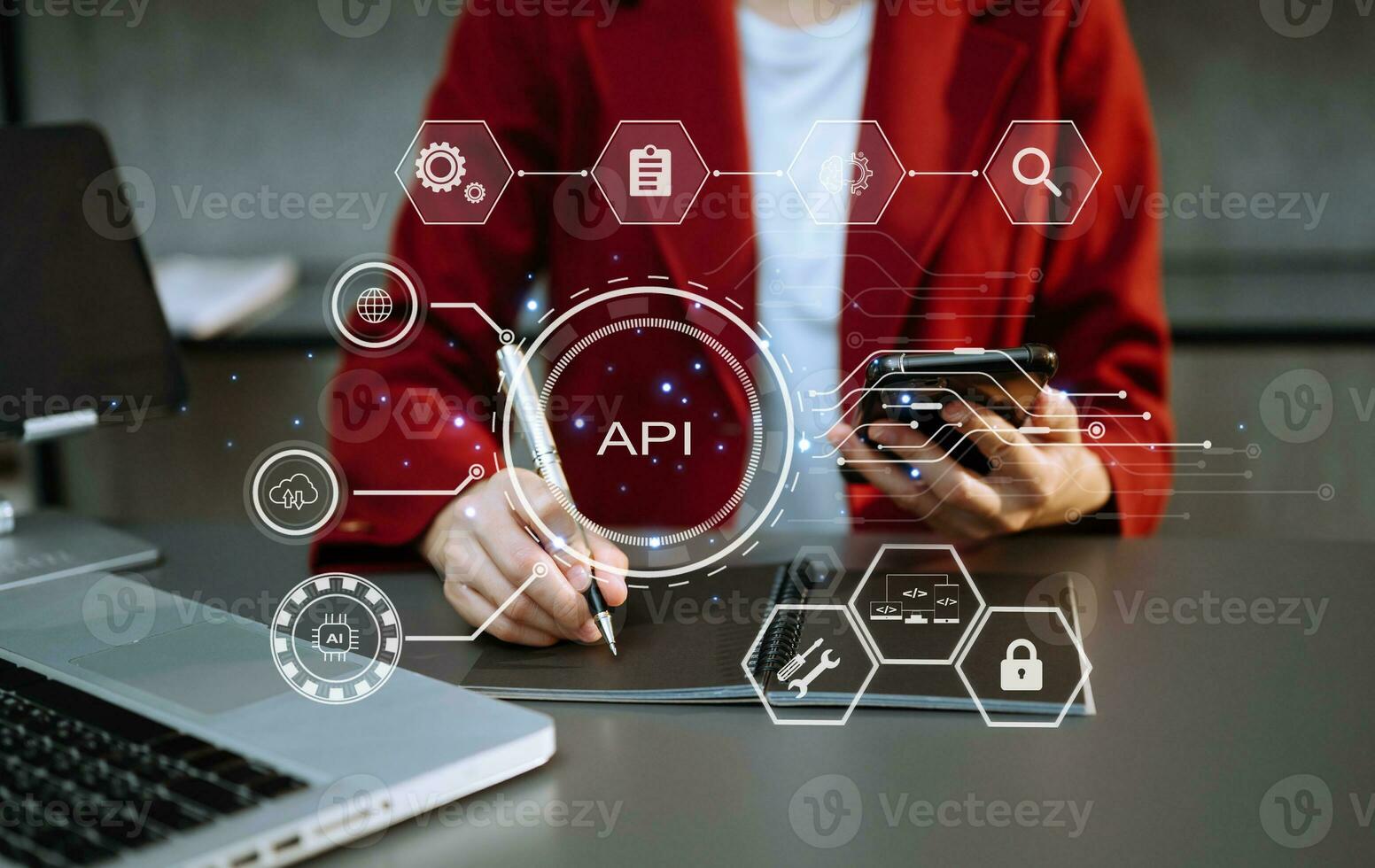 API Application Programming Interface, woman using laptop, tablet and smartphone with virtual screen API icon Software development tool, modern technology and networking concept. photo