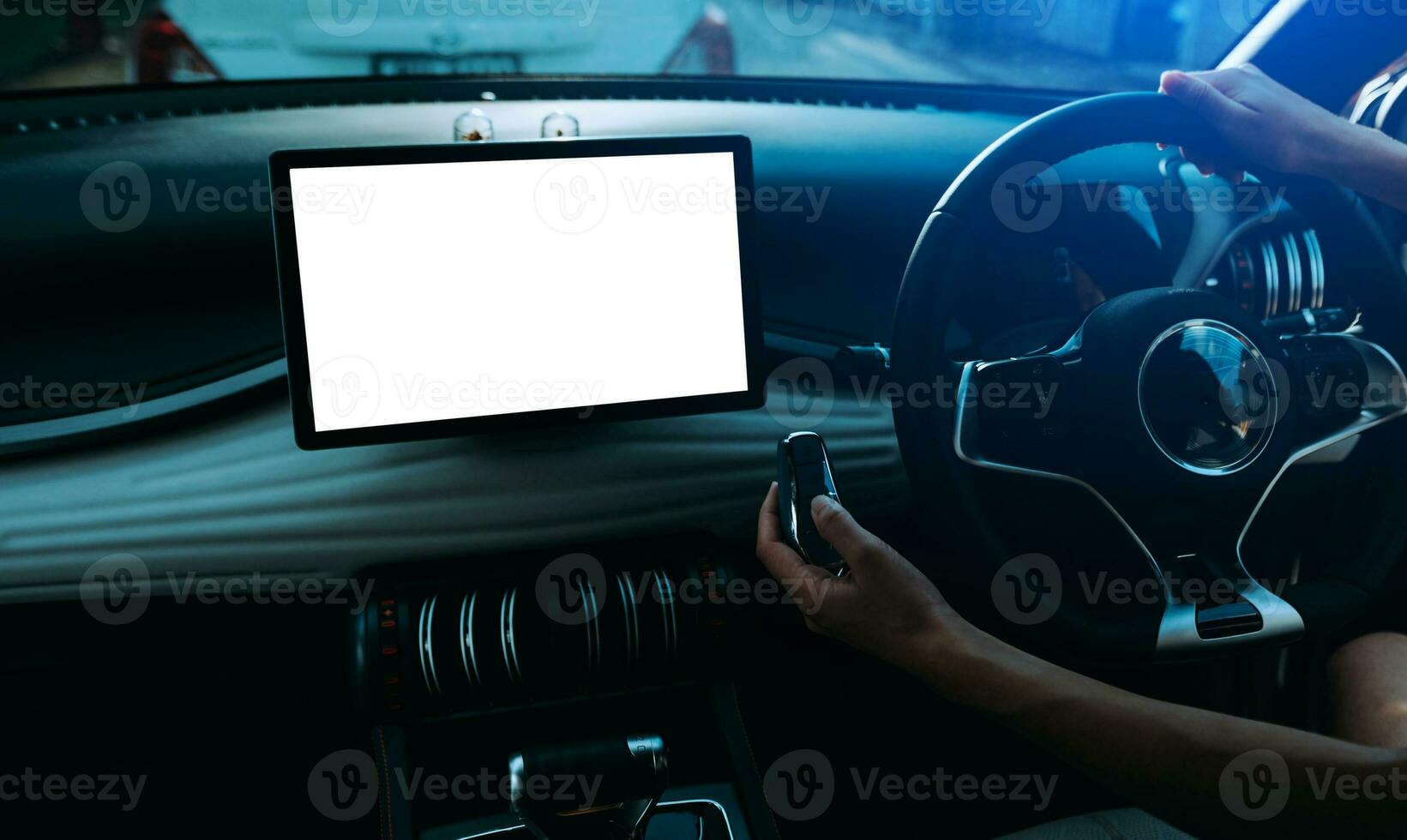 Monitor in EV car with isolated blank screen use for GPS. Isolated on white with clipping path. Car display with blank screen. Modern car interior details. photo