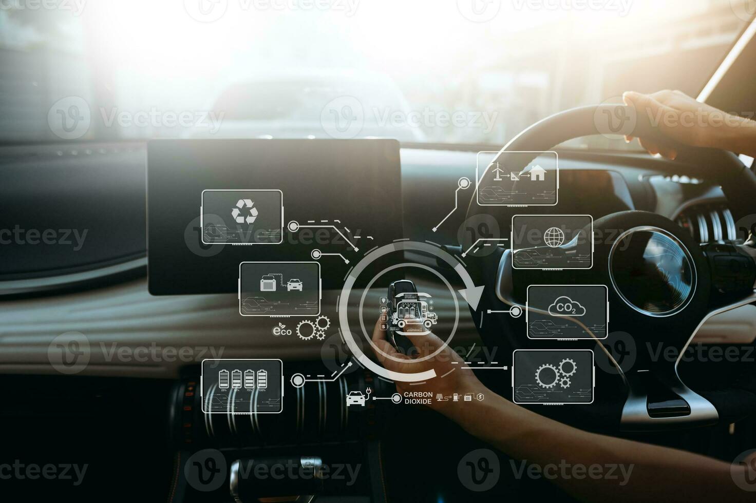 Energy EV car concept. people working and renewable energy worker interface. Concept of sustainability  business based on renewable photo