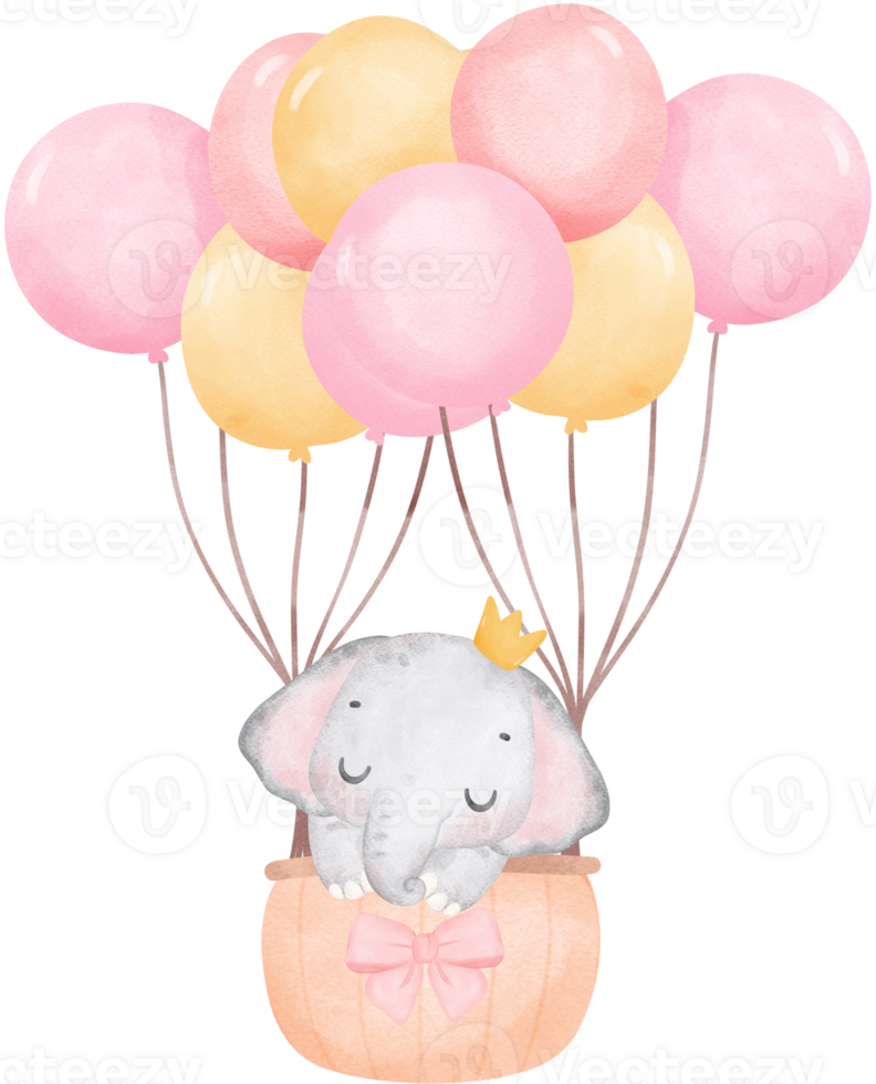 Cute baby shower elephant girl watercolor, kawaii baby animal in hot balloon cartoon illustration png