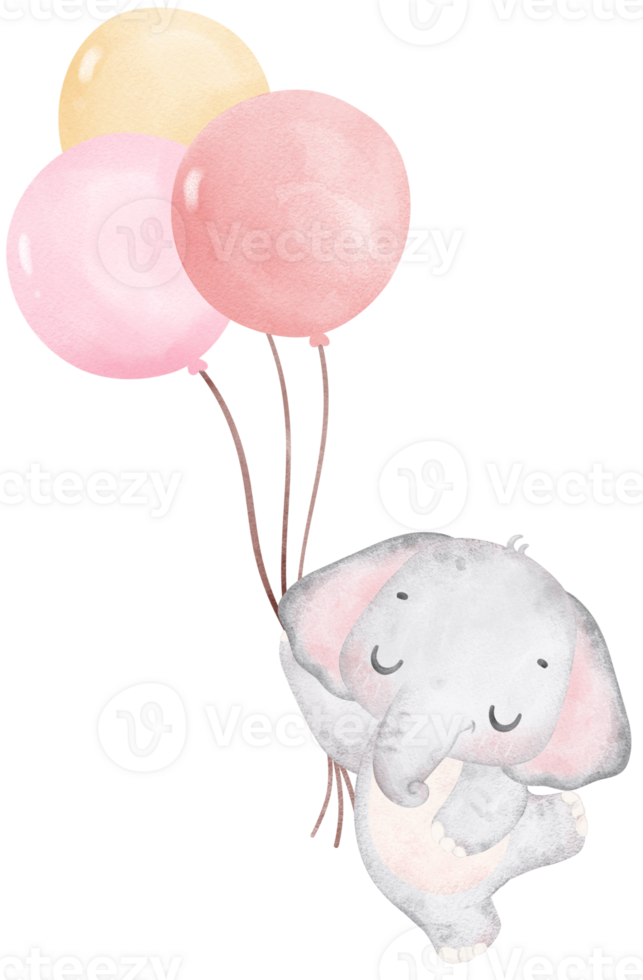 Cute baby shower elephant girl watercolor, kawaii baby animal balloons nursery cartoon illustration png