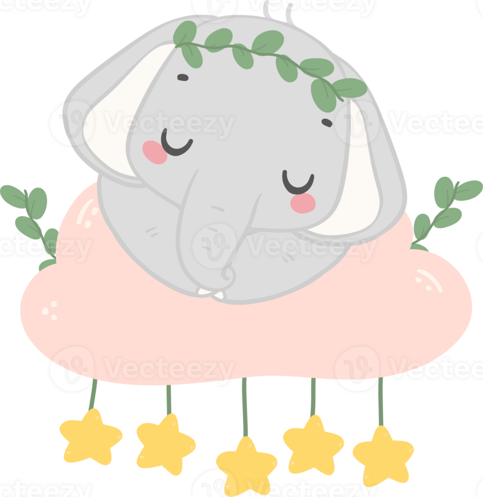 Baby shower elephant, cute elephant sleeping on cloud png