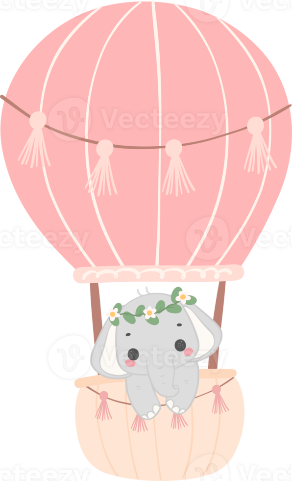 Baby shower elephant, cute elephant with hot air balloon png