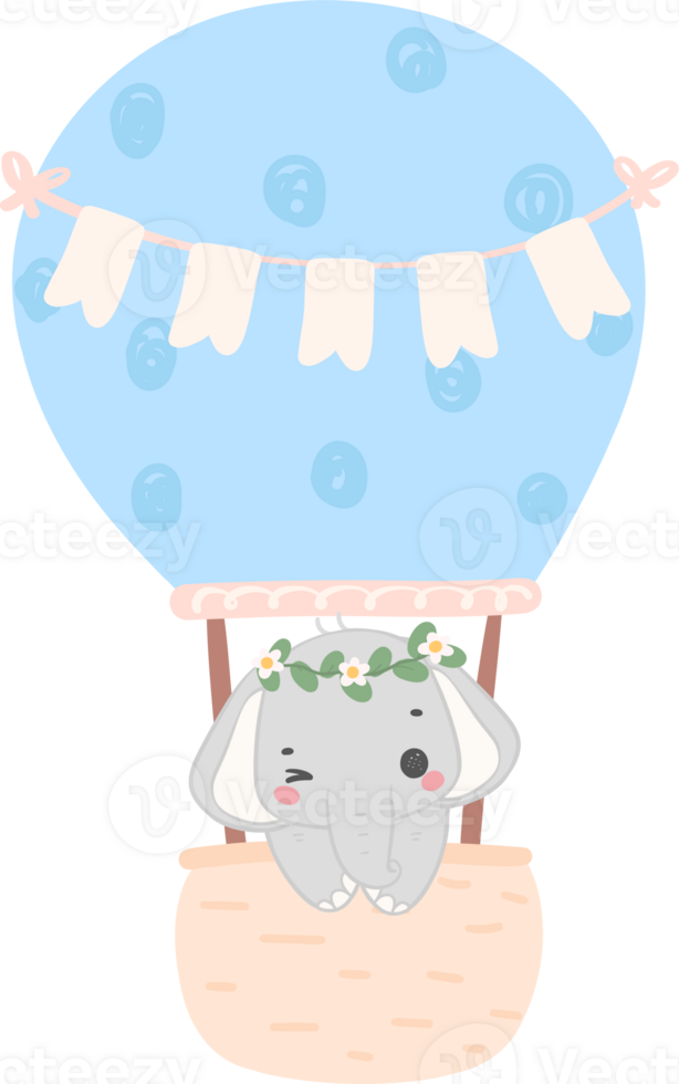 Baby shower elephant, cute elephant with hot air balloon png